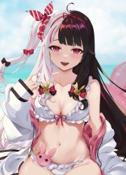 Rule 34 | 1girl, :d, absurdres, ahoge, bare shoulders, bikini, black bow, black hair, blurry, blurry background, blush, bow, breasts, cleavage, collarbone, commentary request, day, depth of field, frilled bikini, frills, hair bow, hair ornament, hair ribbon, hairband, highres, jacket, kaguya (srx61800), long hair, long sleeves, looking at viewer, medium breasts, multicolored hair, navel, nijisanji, one side up, open clothes, open jacket, open mouth, outdoors, pink eyes, pink hair, rabbit hair ornament, red bow, red hairband, red ribbon, ribbon, sidelocks, silver hair, sitting, sleeves past wrists, smile, solo, split-color hair, stomach, streaked hair, swimsuit, very long hair, virtual youtuber, white bikini, white jacket, yorumi rena, yorumi rena (7th costume)