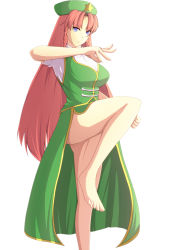 Rule 34 | 1girl, arm up, bare legs, barefoot, blue eyes, braid, chinese clothes, feet, female focus, fighting stance, hat, hong meiling, leg up, legs, long hair, looking at viewer, mebusu, red hair, simple background, smile, solo, standing, standing on one leg, star (symbol), touhou, twin braids, very long hair, white background
