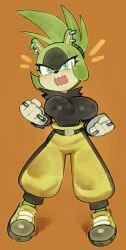Rule 34 | 1girl, alternate breast size, animal ears, belt, blue eyes, breasts, clenched hands, commentary, commission, full body, furry, furry female, gloves, green hair, large breasts, looking at viewer, open mouth, pants, sharp teeth, shirt, sleeveless, sleeveless shirt, sonic (series), sonic the hedgehog (idw), standing, surge the tenrec, teeth, torn clothes, wamudraws, white gloves, yellow pants