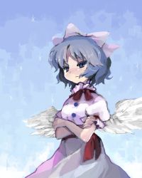 Rule 34 | 1girl, angel wings, bad drawr id, bad id, blue eyes, blue hair, blush, bow, colored eyelashes, crossed arms, drawr, dress, female focus, mai (touhou), matching hair/eyes, mystic square, oekaki, short hair, solo, touhou, touhou (pc-98), wings, witch