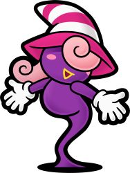 Rule 34 | 1girl, absurdres, blush, colored skin, gloves, hair over eyes, hat, highres, mario (series), nintendo, paper mario, pink hair, purple skin, solo, super mario bros. 1, vivian (paper mario), witch hat