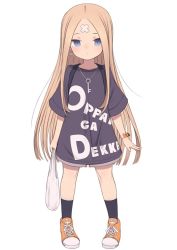 Rule 34 | 1girl, abigail williams (fate), bag, bandaid, bandaid on face, bandaid on forehead, black socks, blonde hair, blue eyes, blush, bracelet, closed mouth, clothes writing, crossed bandaids, dot mouth, earrings, expressionless, fate/grand order, fate (series), forehead, full body, gamuo, jewelry, key, key necklace, long hair, necklace, parted bangs, plastic bag, shirt, shoes, shorts, simple background, sneakers, socks, solo, t-shirt, very long hair, white background