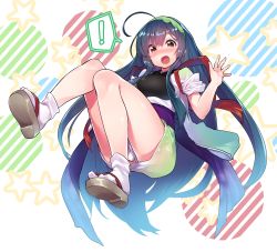 Rule 34 | !, 1girl, :o, ahoge, blue hair, blush, brown eyes, brown footwear, clothes between thighs, commentary request, diagonal stripes, full body, gradient skirt, green hairband, green skirt, hair between eyes, hairband, hand up, head tilt, highres, japanese clothes, kimono, long hair, looking at viewer, muneate, open mouth, sandals, sawayaka samehada, shoe soles, short kimono, short sleeves, skirt, socks, solo, spoken exclamation mark, star (symbol), striped, tabi, touhoku zunko, very long hair, vocaloid, voiceroid, white kimono, white skirt, white socks, zouri