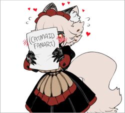 Rule 34 | 1girl, animal ear fluff, animal ears, apron, bell, black dress, black gloves, blunt bangs, blush, breasts, cat ears, cat girl, cat tail, catmaid (cibastion), cibastion, colored skin, dress, fluffy, flying sweatdrops, frilled dress, frills, furry, furry female, gloves, heart, holding, holding paper, large breasts, looking at paper, maid, maid headdress, orange eyes, original, paper, puffy sleeves, red cuffs, red headdress, short hair, tail, white hair, white skin