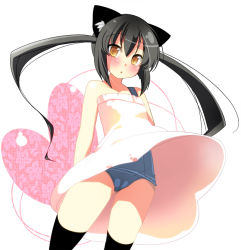 Rule 34 | 1girl, animal ears, arms behind back, bare shoulders, black hair, black thighhighs, blush, brown eyes, cat ears, dress, flat chest, from below, k-on!, long hair, looking down, nakano azusa, one-piece swimsuit, open mouth, school swimsuit, sidelocks, skirt, solo, swimsuit, swimsuit under clothes, thighhighs, twintails, upskirt, white dress, wind, wind lift, yellow eyes, yukiji shia