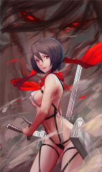 Rule 34 | 1girl, absurdres, bad id, bad pixiv id, black hair, breasts, covered erect nipples, eren yeager, female focus, heihei de hei yan long, highres, lips, looking at viewer, medium breasts, mikasa ackerman, muscular, red eyes, revealing clothes, scarf, shingeki no kyojin, short hair, slingshot swimsuit, solo, swimsuit, three-dimensional maneuver gear