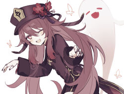 Rule 34 | 1girl, black hat, black nails, blush, boo tao (genshin impact), brown hair, brown jacket, brown shorts, flower, flower-shaped pupils, genshin impact, ghost, hair between eyes, hair flaps, hat, hat flower, hu tao (genshin impact), jacket, jewelry, long hair, long sleeves, looking at viewer, multiple rings, one eye closed, open mouth, qi7pi, red eyes, red flower, ring, shorts, sidelocks, simple background, smile, solo, symbol-shaped pupils, talisman, twintails, very long hair, white background