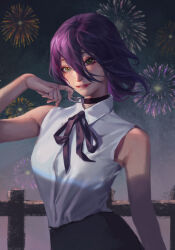 Rule 34 | 1girl, absurdres, bare shoulders, black choker, black ribbon, chainsaw man, choker, collared shirt, commentary, english commentary, fireworks, green eyes, grenade pin, hair between eyes, highres, liu2e3ing, looking at viewer, medium hair, neck ribbon, night, pulling, purple hair, reze (chainsaw man), ribbon, shirt, sleeveless, sleeveless shirt, solo, teeth, upper body, upper teeth only