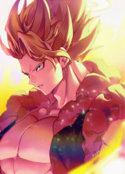 Rule 34 | 1boy, blonde hair, blue eyes, commentary request, dragon ball, dragonball z, from side, gogeta, halo, highres, male focus, metamoran vest, muscular, muscular male, parted lips, pectorals, solo, spiked hair, super saiyan, super saiyan 1, twitter username, upper body, zero-go