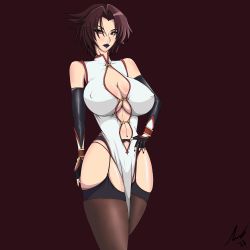 Rule 34 | 1girl, absurdres, artist request, bare shoulders, black lips, breasts, brown eyes, brown hair, china dress, chinese clothes, cleavage, cleavage cutout, clothing cutout, covered erect nipples, dress, highres, koutetsu no majo anneroze, large breasts, lee mayfeng, looking at viewer, solo, standing, thick thighs, thighhighs, thighs