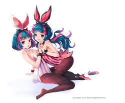 Rule 34 | 2girls, animal ears, bad id, bad pixiv id, blue hair, breasts, cleavage, cuffs, detached collar, emyo, fake animal ears, fake tail, fishnet pantyhose, fishnets, grin, high heels, kneeling, leotard, looking at viewer, maplestory, maplestory 2, medium breasts, mole, mole under eye, multicolored hair, multiple girls, open mouth, pantyhose, pink hair, playboy bunny, rabbit ears, rabbit tail, red eyes, shoes, simple background, single shoe, sitting, small breasts, smile, tail, two-tone hair, white background