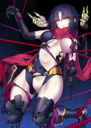 Rule 34 | 1girl, assisted exposure, bdsm, black hair, blank eyes, bondage, bound, breasts, broken, elbow gloves, fate/grand order, fate (series), gloves, joints, katou danzou (fate), kodama yuu, long hair, mechanical parts, medium breasts, navel, robot, robot joints, scarf, thighhighs, torn clothes