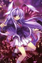 Rule 34 | 1girl, absurdres, animal ears, brooch, bullet, capura lin, carrot, crescent, highres, jacket, jewelry, kneehighs, light purple hair, long hair, long sleeves, looking at viewer, necktie, parted lips, pointing, rabbit ears, rabbit girl, rabbit tail, red eyes, red necktie, reisen udongein inaba, scan, shirt, shoes, skirt, smile, socks, solo, tail, touhou, vest, white socks