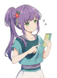 Rule 34 | 1girl, ?, ??, absurdres, closed mouth, collarbone, commentary, confused, crop top, flower, green eyes, green shirt, hair bun, hair flower, hair ornament, highres, holding, holding phone, index finger raised, light blush, link! like! love live!, lone nape hair, long hair, love live!, official alternate costume, otomune kozue, phone, purple hair, purple tank top, red flower, shirt, short sleeves, side ponytail, sidelocks, simple background, single side bun, skirt, small sweatdrop, solo, tank top, upper body, wavy mouth, white background, white skirt, yutuki ame