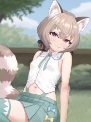Rule 34 | 1girl, animal ear fluff, animal ears, arm support, blue sky, blush, bow, braid, breasts, brown hair, cloud, collared shirt, day, fang, grass, green skirt, hair ornament, hairclip, highres, kaemble, komachi panko, long hair, looking at viewer, navel, neck ribbon, outdoors, phase connect, pleated skirt, purple eyes, reclining, red panda ears, red panda girl, red panda tail, ribbon, shirt, short eyebrows, skin fang, skirt, sky, small breasts, smile, solo, thick eyebrows, thighhighs, tree, twin braids, virtual youtuber, white shirt, zettai ryouiki