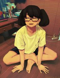 Rule 34 | 1girl, absurdres, artist name, barefoot, brown hair, casual, dated, closed eyes, glasses, highres, indian style, kantai collection, photo background, ryuujou (kancolle), shirt, shorts, sitting, solo, twintails, uzi 346, white shirt