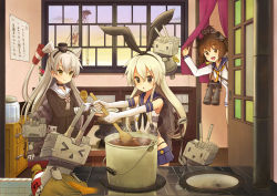 Rule 34 | &gt;:o, &gt; &lt;, 10s, 3girls, :d, :o, amatsukaze (kancolle), bad id, bad pixiv id, bare shoulders, binoculars, black bow, blonde hair, blue skirt, bow, brown eyes, brown hair, cooking, crop top, curry, dress, eijima moko, elbow gloves, closed eyes, food, gloves, hair bow, hair ornament, hair tubes, hairband, headgear, highleg, kantai collection, kitchen, ladle, long hair, microskirt, multiple girls, neckerchief, open mouth, pleated skirt, pot, rensouhou-chan, rensouhou-kun, sailor collar, sailor dress, shimakaze (kancolle), short hair, silver hair, skirt, smile, triangle mouth, two side up, v-shaped eyebrows, white gloves, yukikaze (kancolle)