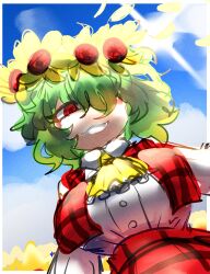 Rule 34 | 1girl, :3, absurdres, breasts, emerald kitty, green hair, hair over one eye, head wreath, highres, kazami yuuka, large breasts, looking at viewer, looking down, open mouth, red eyes, solo, touhou