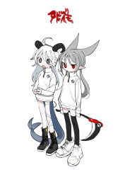 Rule 34 | 2girls, absurdres, abysmal, ahoge, bandaged leg, bandages, black eyes, black footwear, black thighhighs, blush, boots, bright pupils, closed mouth, curled horns, full body, grey hair, highres, holding, holding scythe, holding weapon, horns, jacket, jitome, kokaki mumose, long hair, long pointy ears, long sleeves, looking ahead, low twintails, multiple girls, no pants, open mouth, own hands together, pointy ears, red eyes, scythe, shion (abysmal), shoes, side-by-side, simple background, sneakers, standing, tail, thighhighs, turtleneck, turtleneck jacket, twintails, unfinished, weapon, weapon behind back, white background, white footwear, white hair, white pupils
