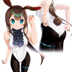 Rule 34 | 1girl, adapted costume, amiya (arknights), animal ears, arknights, arm at side, ass, ass focus, bare shoulders, black neckwear, black pantyhose, blush, breasts, brown hair, center frills, close-up, closed mouth, commentary request, covered navel, cowboy shot, fine fabric emphasis, frills, from behind, gluteal fold, green eyes, hair between eyes, hand up, highleg, highleg leotard, highres, jewelry, leotard, leotard pull, leotard tug, long hair, looking at viewer, lower body, medium breasts, multiple rings, pantyhose, ponytail, rabbit ears, rabbit girl, rabbit tail, ring, shikaemon, simple background, small breasts, solo, standing, tail, thigh strap, thighs, very long hair, white background, white leotard