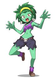 Rule 34 | 1girl, blue shorts, blush, brown footwear, colored skin, earrings, full body, green hair, green skin, hairband, jewelry, looking at viewer, midriff, navel, nibansu, open mouth, red eyes, rottytops, shantae (series), shoes, short hair, shorts, skull earrings, solo, standing, standing on one leg, teeth, upper teeth only, yellow hairband
