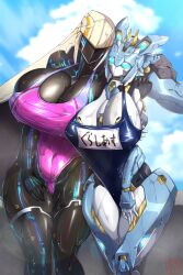 Rule 34 | 2girls, aeda type-g, blue sky, breasts, cloud, competition swimsuit, dark-skinned female, dark skin, day, glacias (last origin), hand on another&#039;s shoulder, highres, huge breasts, last origin, levanshousa913, long hair, multiple girls, one-piece swimsuit, outdoors, robot girl, sky, swimsuit, thick thighs, thighs, wet, yuri