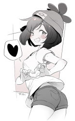 Rule 34 | 1girl, ass, ass focus, beanie, blush, commentary request, creatures (company), eyelashes, floating hair, game freak, hat, heart, heart hands, looking at viewer, nintendo, one eye closed, pokemon, pokemon sm, selene (pokemon), shirt, short shorts, short sleeves, shorts, signature, smile, solo, spoken heart, sweat, teeth, ter (otokoter), tied shirt