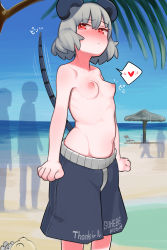 Rule 34 | 1girl, 4others, absurdres, alternate costume, animal ears, artist name, beach, blue male swimwear, blue shorts, blue sky, blue swim trunks, blush, breasts, clenched hand, clenched hands, commentary request, cowboy shot, day, english text, exhibitionism, from side, grey hair, heart, highres, horizon, male swimwear, male swimwear challenge, male swimwear writing, mouse ears, mouse girl, mouse tail, multiple others, navel, nazrin, nipples, nose blush, nude, ocean, outdoors, palm tree, public indecency, red eyes, short hair, shorts, sky, small breasts, spoken heart, swim trunks, swim trunks writing, swimsuit writing, tail, touhou, tree, uminotacos, water