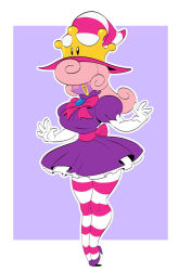 Rule 34 | 1girl, blush stickers, border, breasts, colored skin, curly hair, dress, elbow gloves, full body, gloves, hair over eyes, hat, high heels, large breasts, long hair, mario (series), medium breasts, nintendo, outline, outside border, pink hair, puffy short sleeves, puffy sleeves, purple background, purple dress, purple footwear, purple heels, purple skin, short dress, short sleeves, slb, solo, standing, striped clothes, striped headwear, striped thighhighs, super crown, super mario bros. 1, thighhighs, tiptoes, vivian (paper mario), white border, white gloves, white outline, witch hat, yellow lips