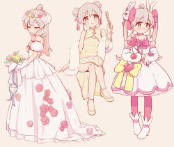 Rule 34 | 1girl, ahoge, alternate costume, bare legs, bare shoulders, blush, boots, bouquet, bow, bowtie, bride, china dress, chinese clothes, chinese commentary, closed eyes, colored inner hair, commentary, crossed legs, detached sleeves, double bun, dress, flower, flower wreath, folding fan, full body, gloves, grey hair, hair bow, hair bun, hair ornament, hair over shoulder, hand fan, highres, holding, holding bouquet, holding fan, holding wand, long sleeves, multicolored hair, multiple views, onii-chan wa oshimai!, oyama mahiro, pantyhose, pink bow, pink hair, pink pantyhose, puffy detached sleeves, puffy sleeves, rabbit hair ornament, red bow, red bowtie, shoes, short sleeves, simple background, sleeveless, sleeveless dress, smile, strapless, strapless dress, twintails, two-tone hair, veil, wand, wedding dress, white footwear, white gloves, yellow dress, yellow eyes, yellow footwear, ziyan yi