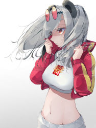 Rule 34 | 1girl, absurdres, animal ears, arknights, breasts, commentary, crop top, cropped jacket, eyewear on head, feater (arknights), feater (gourmet) (arknights), gradient background, grey background, grey hair, groin, highres, jacket, kakakaeru, large breasts, long hair, midriff, navel, official alternate costume, open clothes, open jacket, panda ears, red eyes, red jacket, shirt, solo, stomach, sunglasses, t-shirt, upper body, white background, white shirt