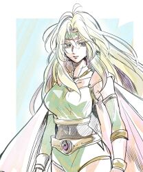Rule 34 | 1girl, armor, blonde hair, border, breasts, cape, celes chere, cleavage, closed mouth, cowboy shot, crop top, elbow sleeve, final fantasy, final fantasy vi, gold trim, green eyes, green headband, green shirt, headband, highres, large breasts, long hair, midriff, motsutei, navel, parted bangs, serious, shirt, shoulder armor, solo, white border