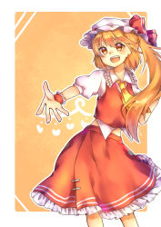 Rule 34 | 1girl, absurdres, aiko ichigocchi, ascot, blonde hair, blunt bangs, collar, crystal, fang, flandre scarlet, frilled collar, frilled cuffs, frilled sleeves, frills, hat, highres, looking at viewer, mob cap, one side up, open mouth, puffy short sleeves, puffy sleeves, red eyes, red vest, short hair, short sleeves, side ponytail, skirt, skirt set, touhou, upper body, vest, white background, wings, wrist cuffs