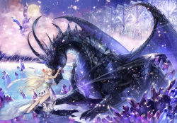 Rule 34 | 1girl, blonde hair, bracelet, building, crystal, dragon, dress, elf, fantasy, flower, forest, hair flower, hair ornament, jewelry, kyouka hatori, lake, long hair, looking at viewer, moon, nature, on one knee, original, partially submerged, pointy ears, purple eyes, scales, spines