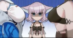 Rule 34 | 3girls, animal ears, arknights, bikini, breast envy, breasts, cow girl, demon girl, flat chest, fox ears, fox girl, gician l, jacket, large breasts, material growth, mudrock (arknights), mudrock (silent night) (arknights), multiple girls, official alternate costume, oripathy lesion (arknights), out of frame, shaded face, sideroca (arknights), sideroca (light breeze) (arknights), sussurro (arknights), sussurro (summer flower) (arknights), swimsuit