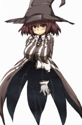 Rule 34 | 1990s (style), blush, breasts, brown eyes, cowl, gloves, hat, highres, houshin engi, invisible, kinkouseiba, large breasts, purple hair, retro artstyle, revision, short hair, solo, striped, tokyo (great akuta), witch hat