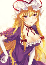 Rule 34 | 1girl, arm at side, blonde hair, blush, breasts, choker, cleavage, closed mouth, collarbone, commentary request, dress, elbow gloves, eyelashes, frilled sleeves, frills, gloves, hair ribbon, hand on own hip, hat, hat ribbon, kirisita, large breasts, lips, long hair, looking at viewer, mob cap, one-hour drawing challenge, puffy short sleeves, puffy sleeves, purple dress, purple eyes, red choker, red ribbon, ribbon, ribbon choker, short sleeves, sidelocks, simple background, smile, solo, standing, touhou, tress ribbon, upper body, white background, white gloves, white hat, yakumo yukari