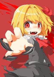 Rule 34 | 1girl, :d, blonde hair, claws, hair ribbon, hecchi (blanch), open mouth, red eyes, ribbon, rumia, shirt, short hair, skirt, smile, touhou, vest