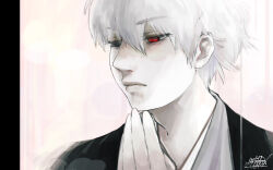 Rule 34 | 1boy, closed mouth, hand on own chin, hand up, heterochromia, kaneki ken, male focus, misutajobujobu, portrait, red eyes, short hair, simple background, solo, tokyo ghoul, white background, white hair