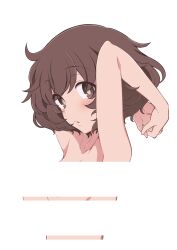 1girl absurdres akiyama_yukari arms_behind_head arms_up brown_eyes brown_hair dress girls_und_panzer hazuki_haru highres implied_nudity interlocked_fingers looking_at_viewer medium_dress messy_hair own_hands_together parted_lips short_hair simple_background solo upper_body white_background