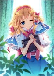 Rule 34 | 10s, 1girl, 2014, ;), absurdres, alice margatroid, an2a, apron, artist name, blonde hair, blue dress, blue eyes, blush, book, bow, capelet, curtains, doll, dress, english text, closed eyes, frills, from side, full body, hair bow, hair ornament, hairband, heart, highres, holding, holding book, kiss, leaf, long hair, long sleeves, looking at another, one eye closed, open mouth, profile, ribbon, sash, scan, shanghai doll, shoes, short hair, smile, solo, text focus, touhou, waist apron