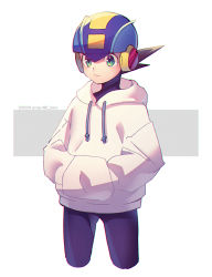 Rule 34 | 1boy, absurdres, artist name, black pants, blue headwear, brown hair, closed mouth, commentary request, cropped legs, dated, drawstring, expressionless, green eyes, grey background, hands in pockets, helmet, highres, hood, hood down, hoodie, looking to the side, male focus, mega man (series), mega man battle network, mega man battle network (series), megaman.exe, netnavi, pants, short hair, solo, standing, twitter username, two-tone background, white background, white hoodie, zero-go