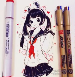 Rule 34 | 1girl, animal ears, anny (yoai), art tools in frame, artist name, black hair, black sailor collar, black skirt, blunt bangs, breasts, collarbone, commentary, copyright notice, cowboy shot, fake animal ears, halftone, hands up, heart, highres, instagram username, long hair, looking at viewer, loose clothes, loose shirt, marker, marker (medium), millipen (medium), neckerchief, open mouth, original, oversized clothes, oversized shirt, pen, photo (medium), pleated skirt, rabbit ears, red neckerchief, sailor collar, school uniform, serafuku, shirt, sidelocks, skirt, sleeves past wrists, small breasts, solid circle pupils, solo, split mouth, standing, star (symbol), symbol-only commentary, teeth, thick eyebrows, thighhighs, tongue, traditional media, twintails, watermark, white shirt, wide sleeves, wind, zettai ryouiki