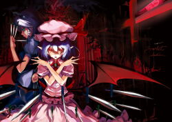 Rule 34 | 2girls, absurdres, black dress, blood, blood on face, character request, dagger, demon wings, dress, frilled dress, frills, glowing, glowing eyes, green eyes, grey hair, highres, holding, holding dagger, holding knife, holding weapon, izayoi sakuya, ken-1, knife, looking at viewer, maid, maid headdress, multiple girls, open mouth, pink dress, pointy ears, purple hair, red eyes, short hair, short sleeves, touhou, vampire, weapon, wings