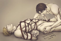 Rule 34 | 2boys, abs, aftersex, bara, bdsm, bondage, bound, cum, cum in mouth, facial, fellatio, gradient background, licking, looking at viewer, male focus, multiple boys, muscular, oral, pectorals, penis, restrained, rope, shibari, shingeki no kyojin, tagme, tongue, yaoi