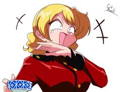Rule 34 | 10s, 1girl, :d, artist name, blonde hair, blue eyes, braid, choroli (chorolin), commentary, covering own mouth, cup, darjeeling (girls und panzer), epaulettes, girls und panzer, holding, jacket, laughing, long sleeves, military, military uniform, ojou-sama pose, one-hour drawing challenge, open mouth, red jacket, short hair, signature, simple background, smile, solo, st. gloriana&#039;s military uniform, teacup, twin braids, uniform, upper body, v-shaped eyebrows, white background
