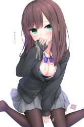 Rule 34 | blouse, bow, bowtie, breasts, cleavage, condom, covering own mouth, fingernails, green eyes, green nails, hand over own mouth, head tilt, highres, miniskirt, nail polish, open clothes, open shirt, purple bow, purple bowtie, shirt, simple background, sitting, skirt, tagme, white background, yoye (pastel white)