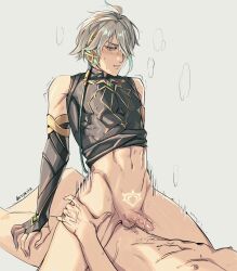 Rule 34 | 2boys, absurdres, ahoge, alhaitham (genshin impact), arm support, blush, bridal gauntlets, character request, clothes lift, completely nude, couple, cowgirl position, daryaria, genshin impact, grey eyes, grey hair, hair over one eye, hand on another&#039;s thigh, head out of frame, highres, looking at another, male focus, multiple boys, nude, penis, pubic tattoo, sex, shirt lift, short hair with long locks, signature, simple background, straddling, sweat, tattoo, tight clothes, toned, toned male, veins, veiny penis, white background, yaoi