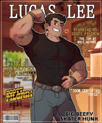 Rule 34 | 1boy, alternate skin color, arm hair, arm up, bara, beard stubble, biceps, black hair, cafe, cover, covered abs, dark-skinned male, dark skin, denim, english text, facial hair, feet out of frame, flexing, highres, jeans, large pectorals, looking at viewer, lucas lee, magazine cover, male focus, menu board, muscular, muscular male, one eye closed, pants, pectorals, revereets, scott pilgrim (series), scott pilgrim takes off, shirt, short hair, short sleeves, smile, solo, source quote parody, standing, stubble, t-shirt, thick eyebrows, tight clothes, tight shirt