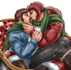 Rule 34 | 2boys, alternate costume, alternate skin color, arm grab, bara, beard, blue eyes, blue jacket, boots, brown hair, christmas, commission, couple, dark-skinned male, dark skin, eye contact, facial hair, fate/grand order, fate (series), fur-trimmed jacket, fur trim, goatee, green scarf, hand on another&#039;s face, hood, hooded jacket, imminent kiss, iskandar (fate), jacket, knee boots, leather, leather boots, leather pants, long sideburns, looking at another, male focus, mature male, multiple boys, muscular, muscular male, napoleon bonaparte (fate), noses touching, pants, red eyes, red hair, red jacket, revision, scarf, shared clothes, shared scarf, shirt, short hair, sideburns, sitting, sitting on lap, sitting on person, skeb commission, sleigh, smile, snowing, spread legs, sunfight0201, textless version, thick thighs, thighs, white shirt, yaoi